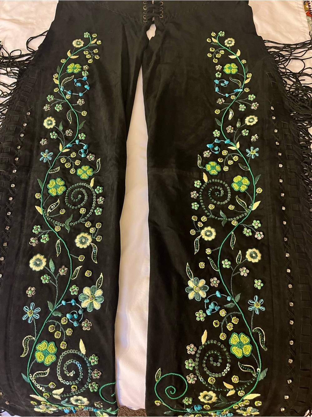 RARE Double D Leather Fringe Chaps with Intricate Beads & Sequin Floral Design